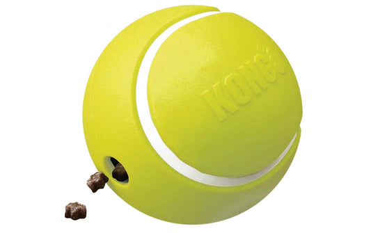 KONG Futterball in Tennisballform, gelb mit weißer Naht und Öffnung für Leckerlis