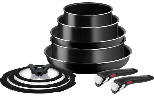 Tefal Ingenio Easy On Pfannenset in Schwarz mit stapelbaren Pfannen, Deckel und abnehmbaren Griffen