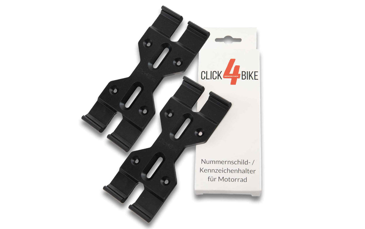 Schwarzer Motorrad-Kennzeichenhalter mit Klicksystem, zwei Halterungen und Verpackung