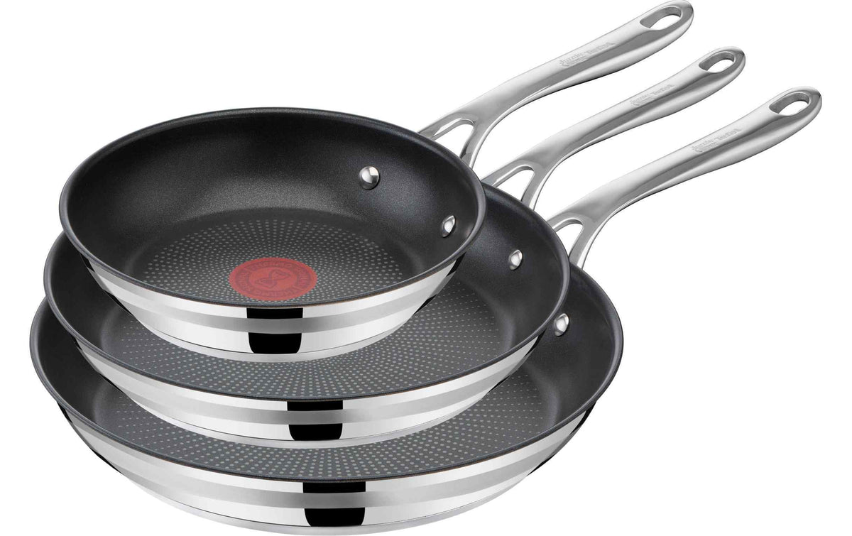Tefal Jamie Oliver Cook Smart Pfannenset mit drei schwarzen Pfannen und Edelstahlgriffen