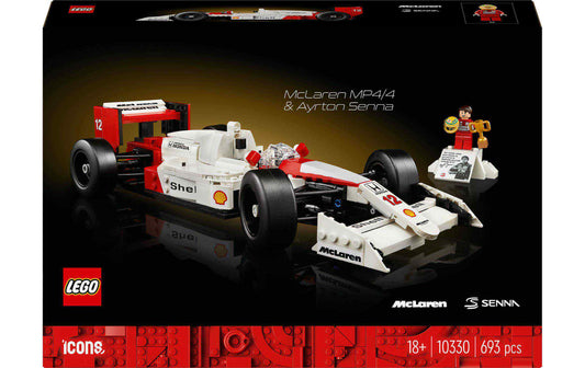 LEGO Icons McLaren MP4/4 mit Ayrton-Senna-Figur, weiß-rotes Formel-1-Modell im Karton