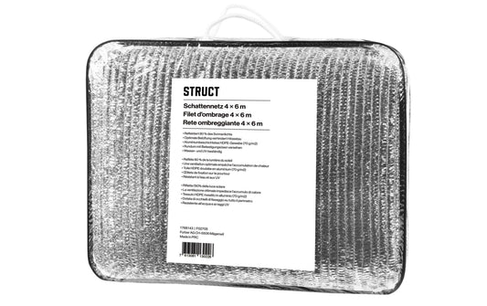 STRUCT Schattennetz 4 × 6 m aus grauem Aluminium, kompakt zusammengefaltet in einer Tragetasche.
