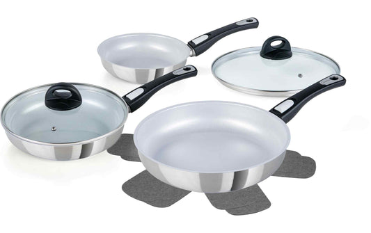 Genius Cerafit Steel Pfannenset mit drei silbernen Pfannen und zwei Glasdeckeln