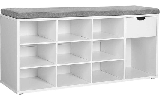 VASAGLE Schuhschrank mit Polster, 11 Fächer, 104 x 30.5 x 48 cm, Weiss