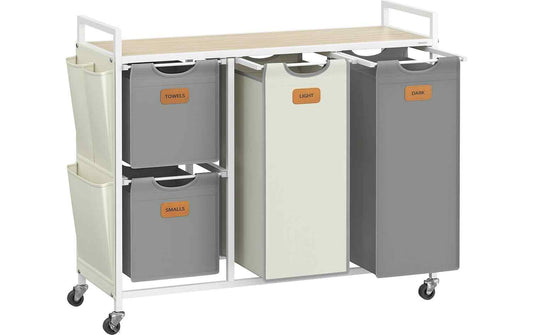 VASAGLE Wäschekorb mit 4 Körben, 150 l, Beige/Weiss/Taubengrau