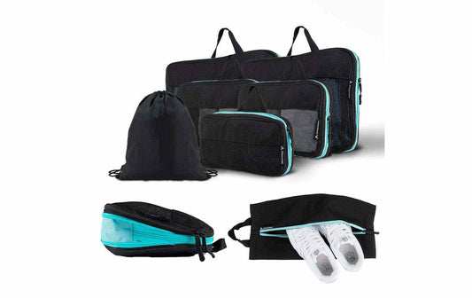 Schwarzes 8-teiliges Kompressions-Packwürfel-Set mit Reißverschlusstaschen und Schuhbeutel