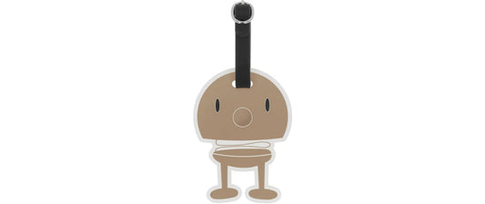 Kofferanhänger Hoptimist in Braun mit schwarzem Riemen, 10 × 8 cm