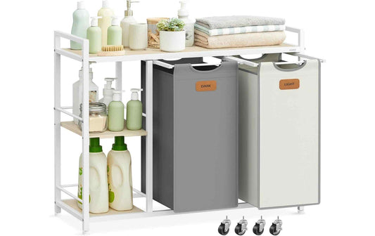 VASAGLE Wäschekorb mit 2 Fächern 100 l, Beige/Grau/Weiss