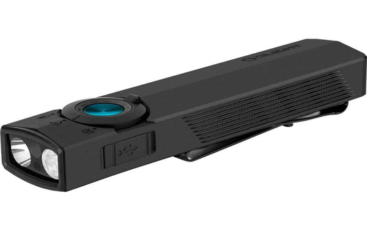Olight ArkPro LED-Taschenlampe in Schwarz mit zwei Frontlinsen und blauem Drehring