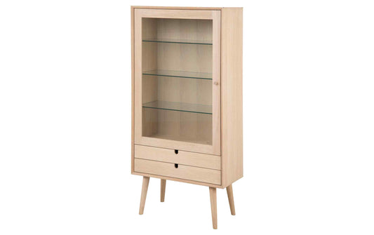 AC Design Vitrine Century aus hellem Holz mit Glastür, drei Glasböden, zwei Schubladen und Beinen