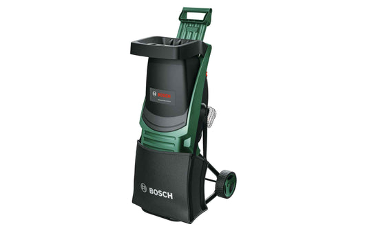 Bosch Akku-Häcksler in Grün und Schwarz mit Einfülltrichter, Fangkorb und Rädern