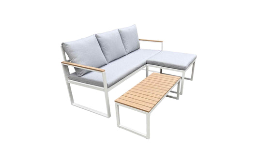 Garten-Lounge-Set mit grauen Kissen, weißem Metallrahmen und Holzakzenten für Terrasse oder Balkon