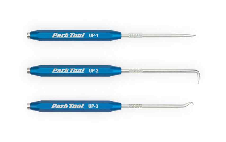 ParkTool Montagewerkzeug-Pick-Set mit drei blauen Griffen und unterschiedlich geformten Metallspitzen