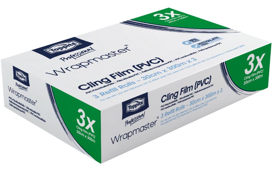 Toppits Wrapmaster Frischhaltefolie PVC 3 Stück, Nachfüllrolle 30 cm x 300 m, PVC