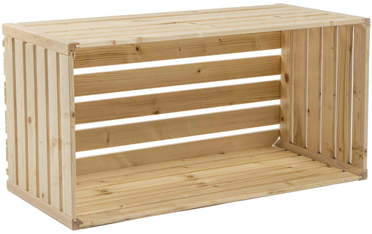 Breite Holzharasse aus hellem Schweizer Holz mit offenen Seiten und Lattenboden