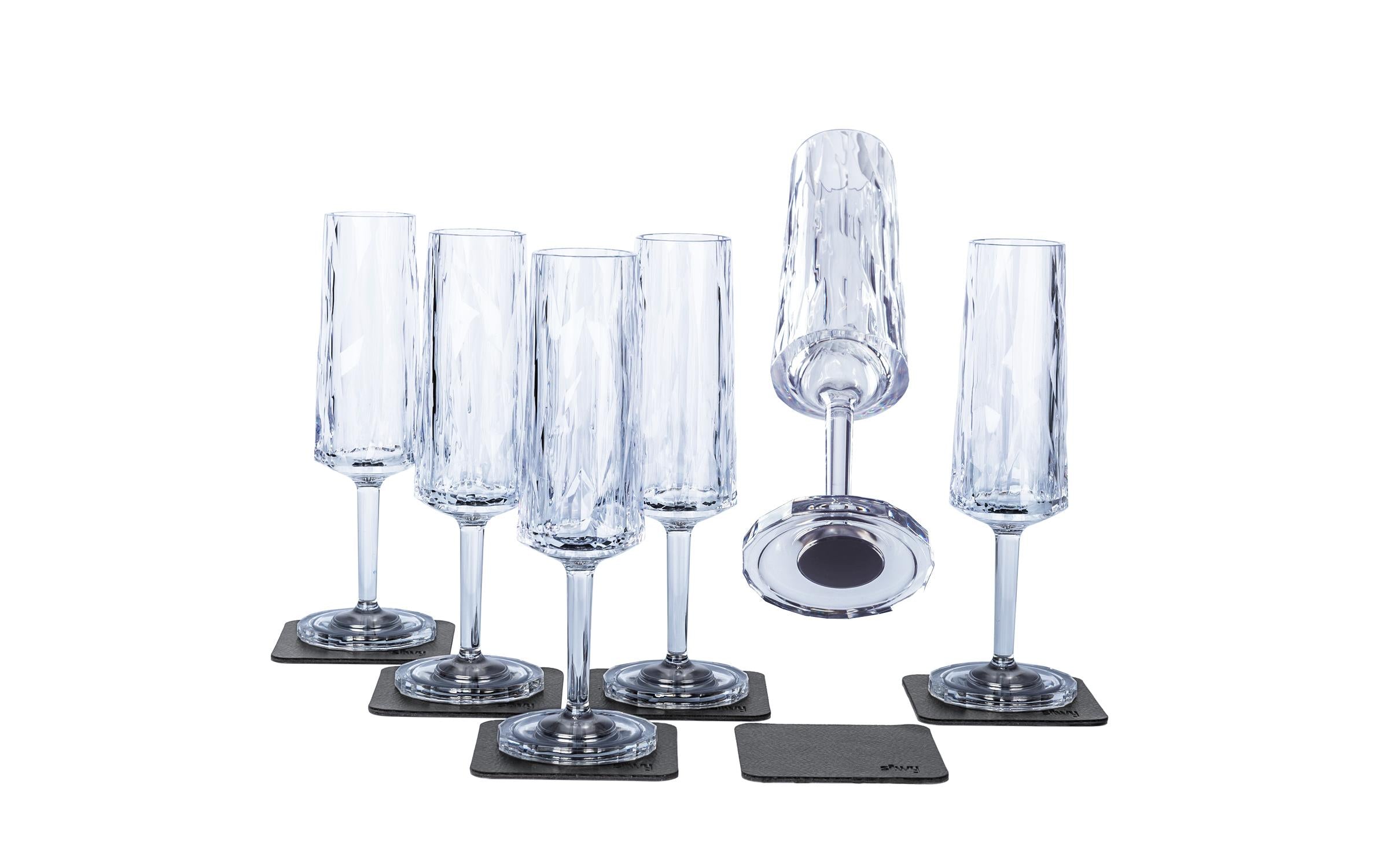 silwy Hightech-Kunststoffgläser, 6er-Set +6 Metall-Nano-Gel-Pads, Champagner, Clear