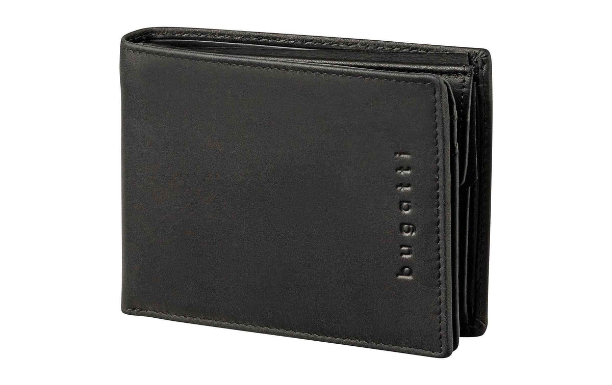 Bugatti Romano Lederportemonnaie in Schwarz, geschlossen, mit geprägtem Logo.