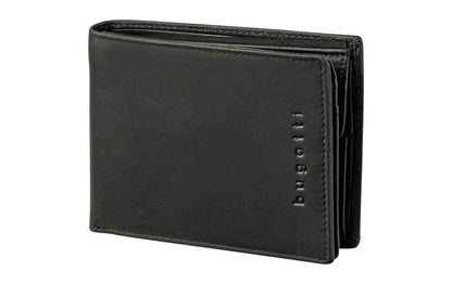 Bugatti Romano Lederportemonnaie in Schwarz, geschlossen, mit geprägtem Logo.