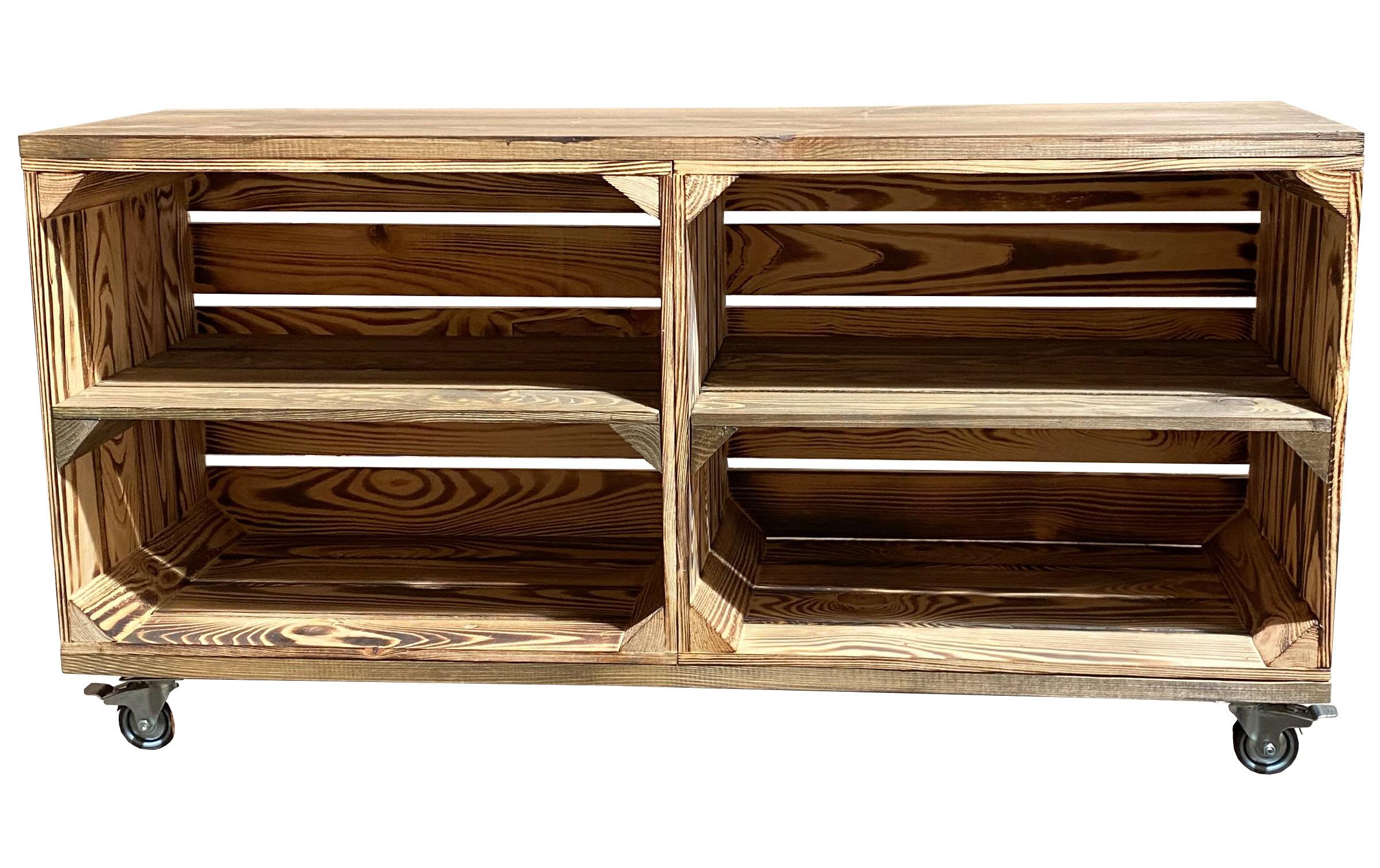Holz Zollhaus Regal auf Rollen Vintage, geflammt