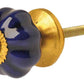 Möbelknopf aus dunkelblauer Keramik mit goldener Rosette, Rückplatte und Gewindeschraube