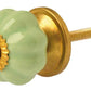 Möbelknopf aus hellgrüner Keramik mit goldener Rosette, Rückplatte und Gewindeschraube