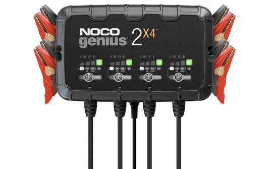 Noco GENIUS2 x 4 Batterieladegerät mit vier Ladeausgängen und roten Krokodilklemmen