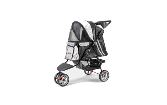 InnoPet All-Terrain-Hundebuggy in Schwarz und Silber mit Netzfenstern und drei Rädern