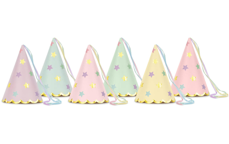 Partydeco Partyhüte Sterne pastellfarbig, 14.5 x 10 cm, 6 Stück