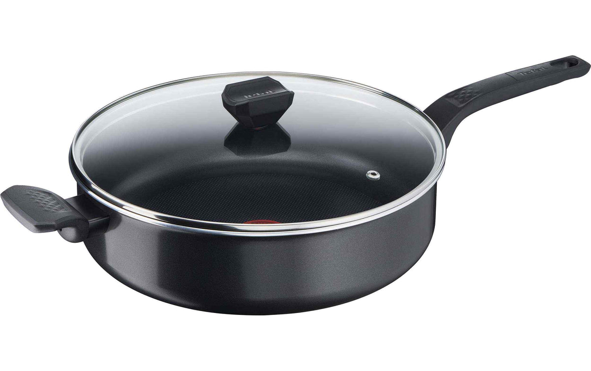 Tefal Schmorpfanne mit Glasdeckel, zwei Griffen und dunkler Antihaftbeschichtung