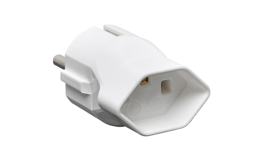 Schönenberger Reiseadapter CH für Schuko-Stecker, weißes Gehäuse mit sichtbarer Steckdose