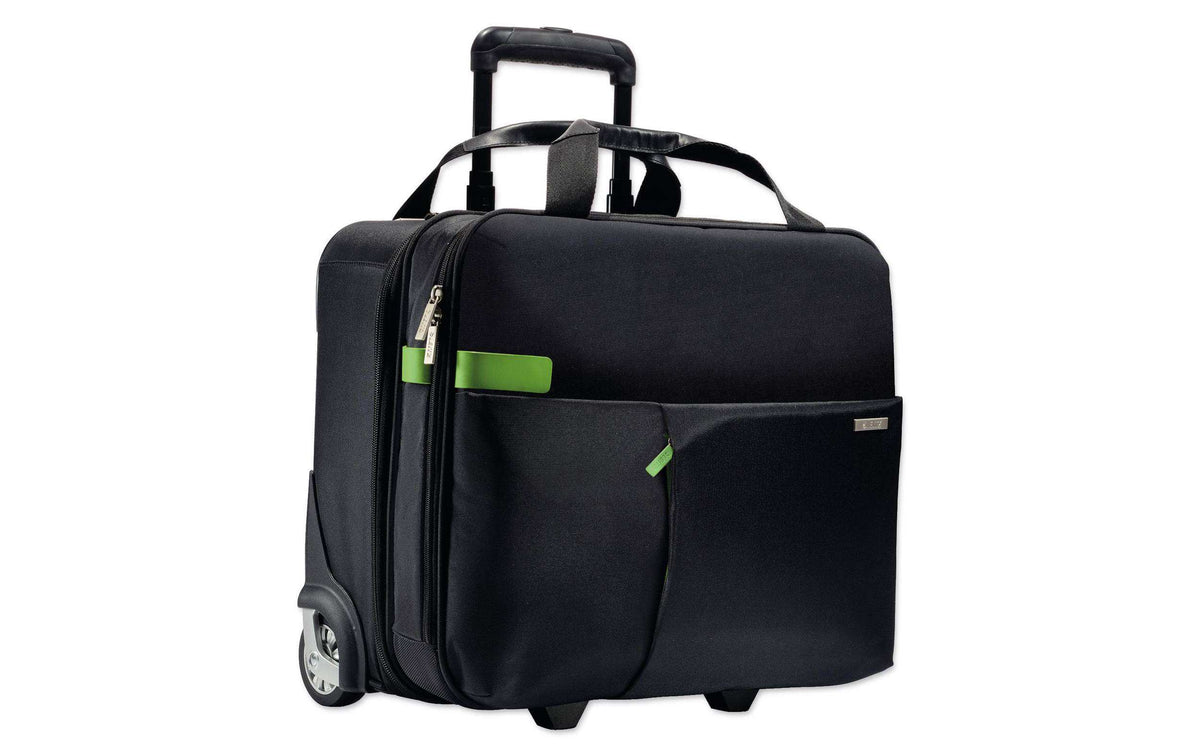 Leitz Notebook-Rollkoffer aus schwarzem Leder mit Teleskopgriff und Vordertasche