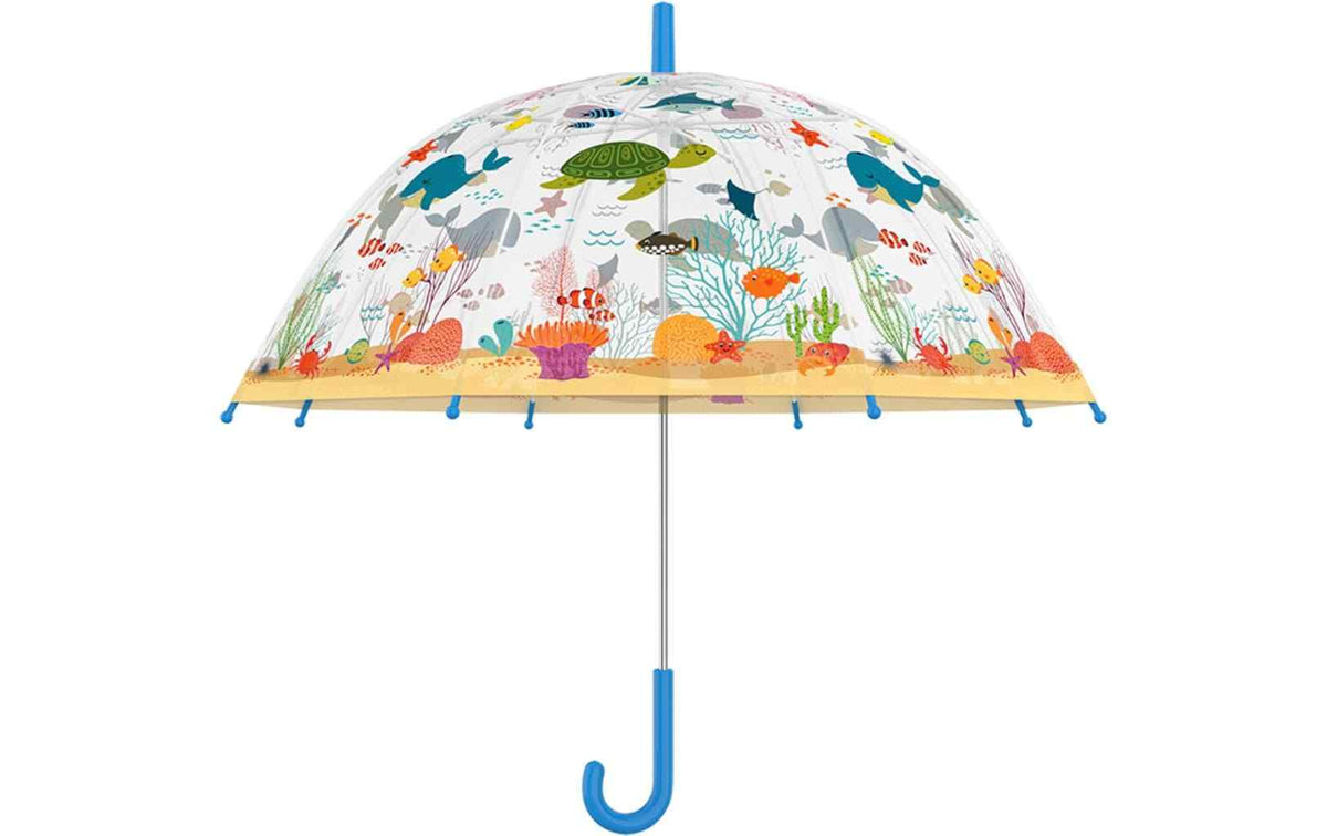 Esschert Design Regenschirm mit transparentem Schirmdach und bunten Meerestieren