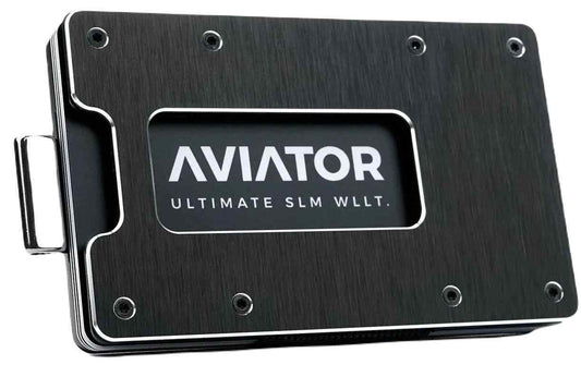 AVIATOR-Portemonnaie aus Aluminium in gebürstetem Schwarz mit Kartenhalter und Metallschrauben