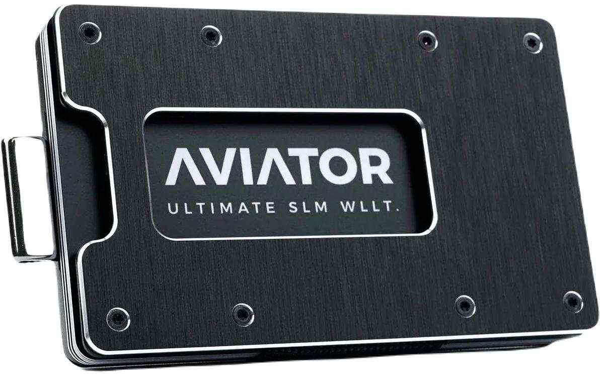 AVIATOR Slide-Portemonnaie in Schwarz mit gebürsteter Oberfläche, AirTag-Fach und Geldclip.