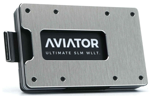 AVIATOR Slide-Portemonnaie in Silber mit gebürsteter Oberfläche, AirTag-Fach und Geldclip.