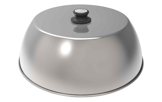 LotusGrill Grilldeckel XL aus silberfarbenem Metall mit schwarzem Griff und Thermometer