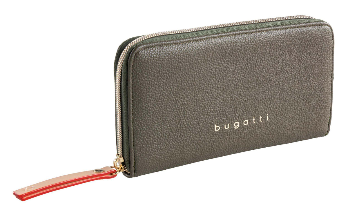 Bugatti Ella Portemonnaie aus olivgrünem Leder mit umlaufendem Reißverschluss und rotem Zipper