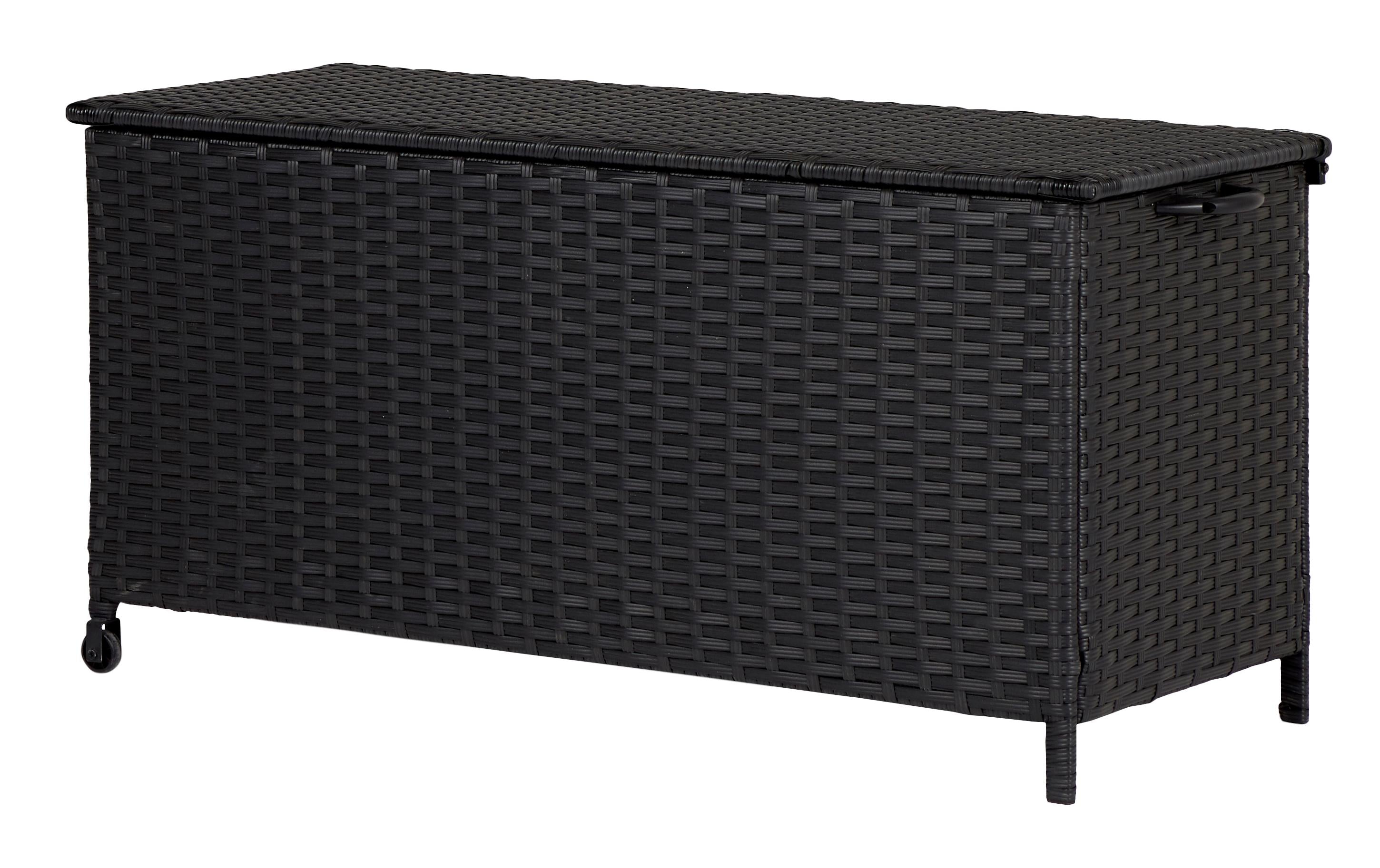 SIEGER Kissenbox Schwarz Metall Rattan 461 Liter mit Rädern Garteneinrichtung Schou