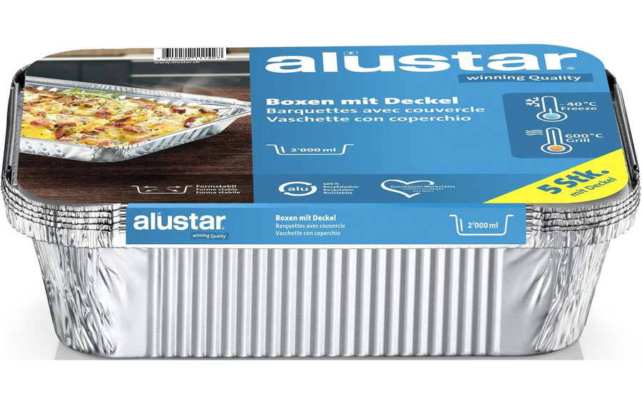 Alustar Boxen Aluminium 2000 ml – 5 Stk. für Lebensmittel Grills & Feuerstellen Alustar