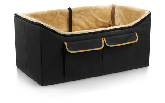 SwissPet Autositz Randy M in Schwarz und Beige mit weichem Innenfutter und zwei Fronttaschen