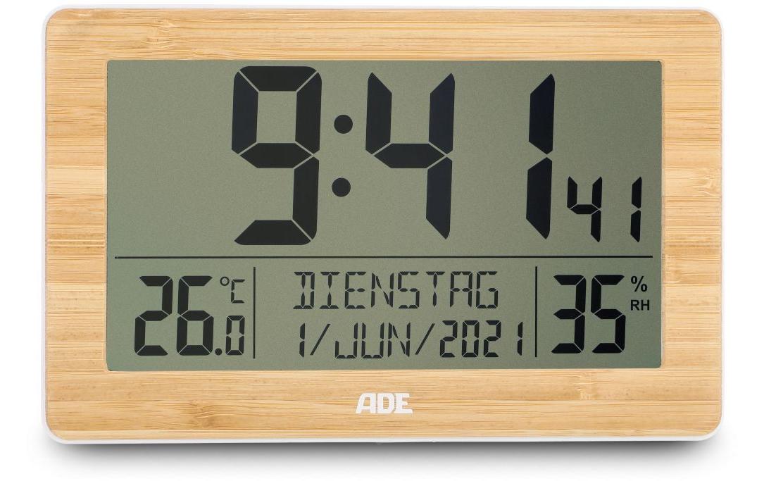 ADE Funk-Wanduhr XXL-Ziffern, Bambus-Weiss 16.7x9.3 cm, Temperatur-& Datumsanzeige