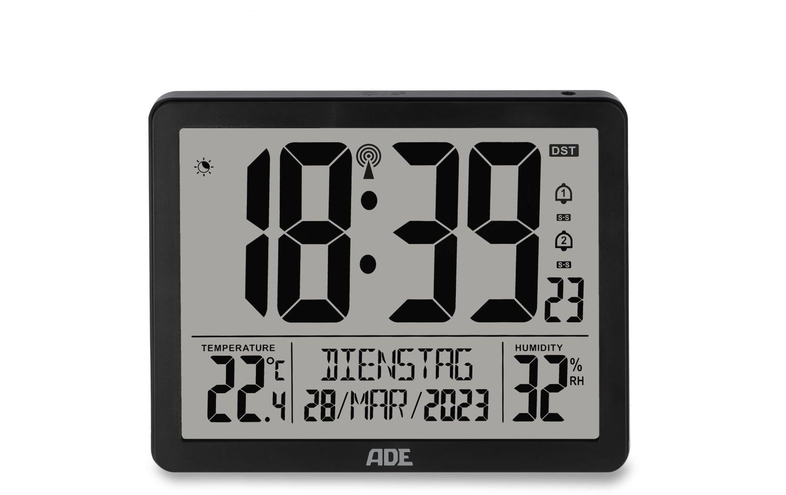 ADE Wanduhr mit XL-Anzeige, Schwarz Temp.,Kalender,Kunststoff, 17.3x14x2.7cm