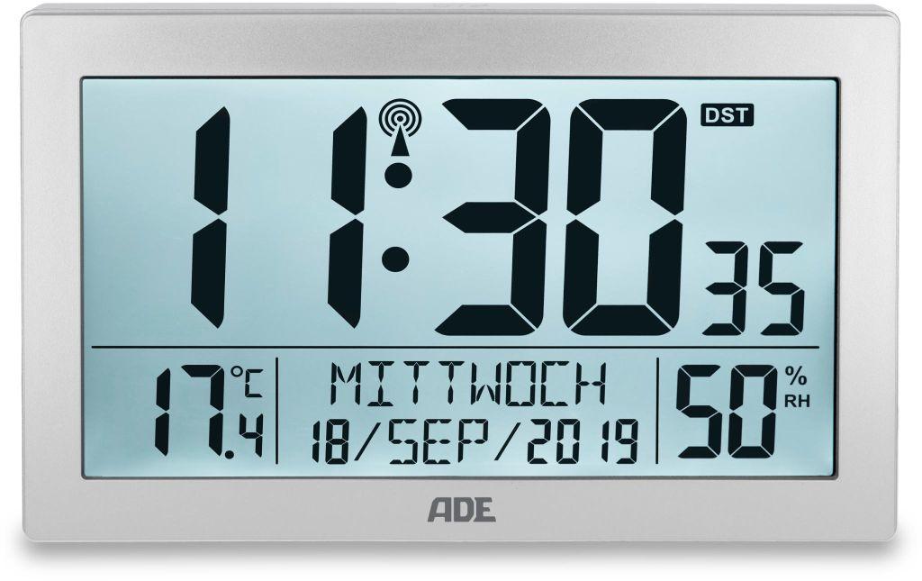 ADE Funkuhr XL, Silber, Temperaturanzeige 22.5x3.3x14.5 cm, Kunststoff, kalender