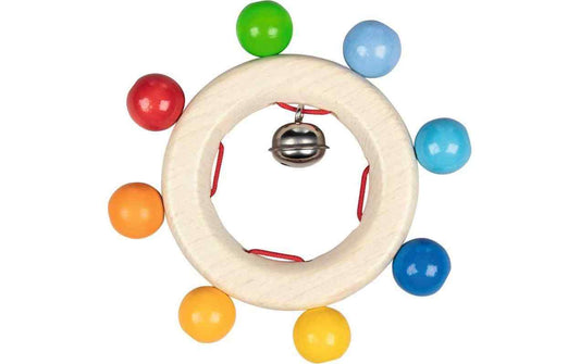 Goki Greifling aus hellem Holz mit bunten Perlen und Glöckchen