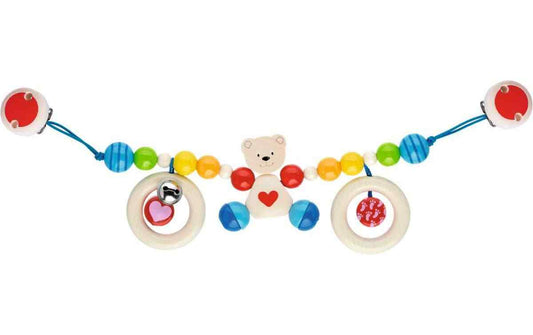 Bunte Kinderwagenkette aus Holz mit Bärenfigur, Herzmotiv und Perlen