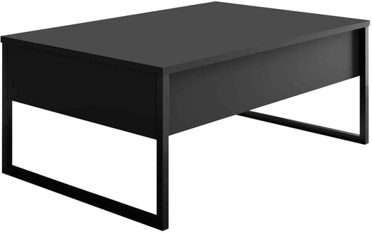 Schwarzer Couchtisch mit rechteckiger Platte, breiter Zarge und schlanken Beinen