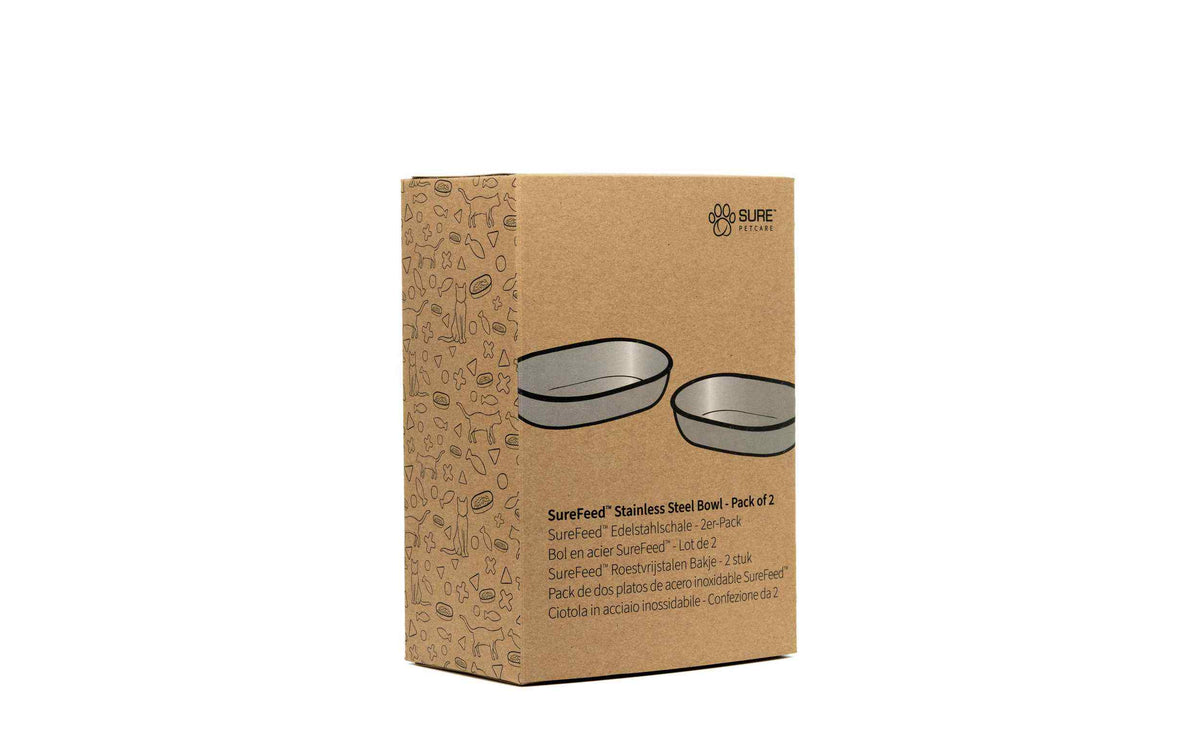 SureFeed Katzennapf-Set aus Edelstahl, Verpackung mit Abbildung von zwei Näpfen