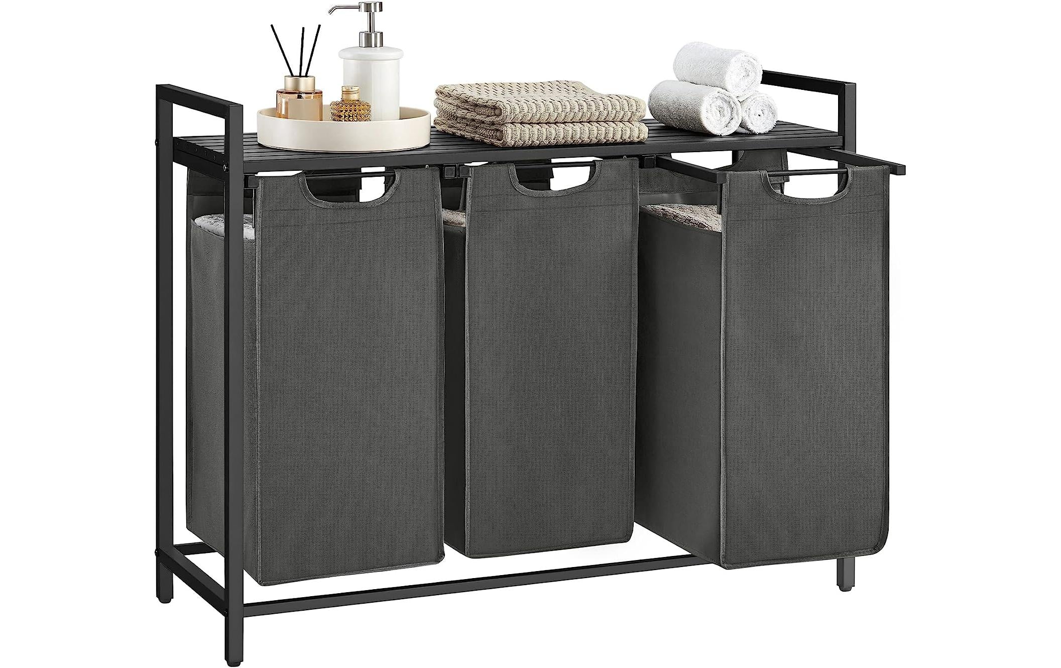 Vasagle Wäschekorb mit Ablage Grau, 3x 38L 92.5x33x72cm (LxBxH), Traglast untersch.