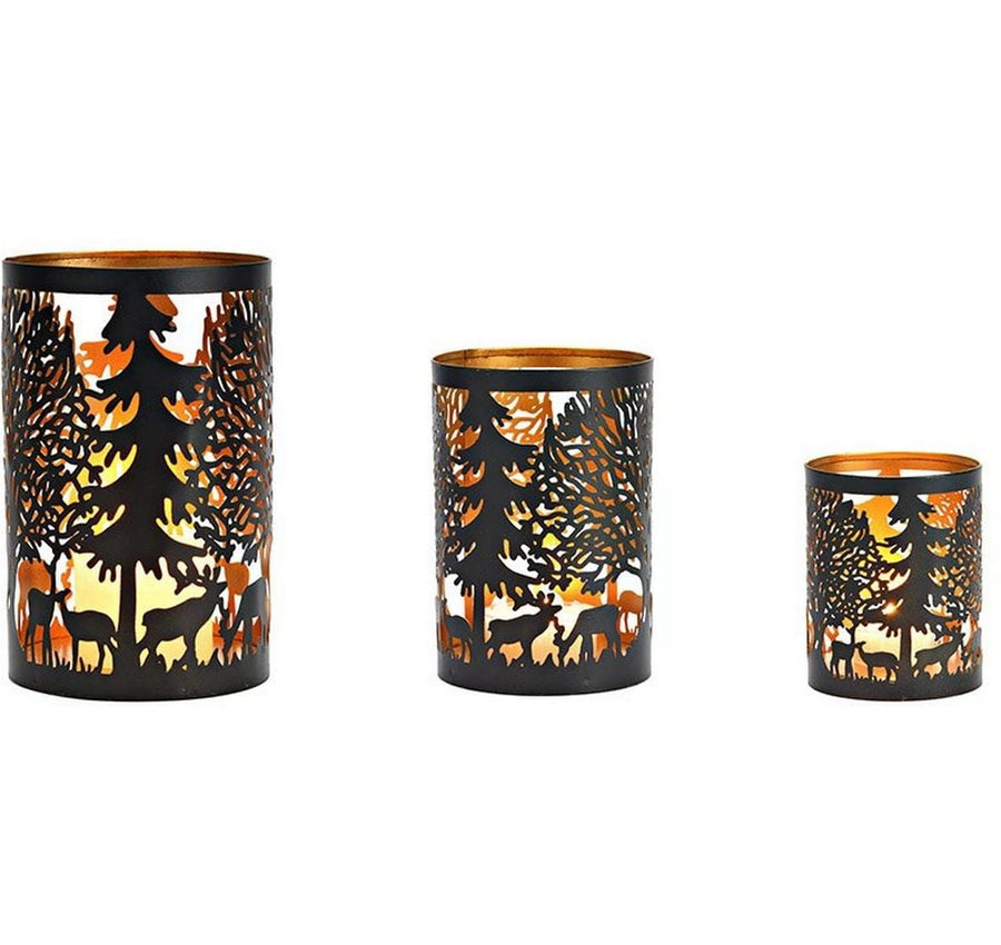 G. Wurm Weihnachtswindlicht Winterszene 3 Stück, Schwarz/Gold