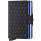 SECRID Twinwallet mit dunkelblau-schwarzem Würfelmuster und blauem Kartenhalter.